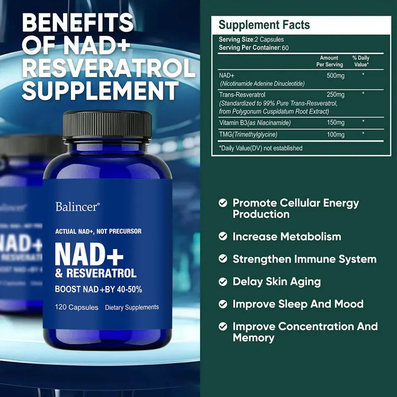 NAD+ Boost — Resvératrol & Vitamine B3, Soutien Cellulaire